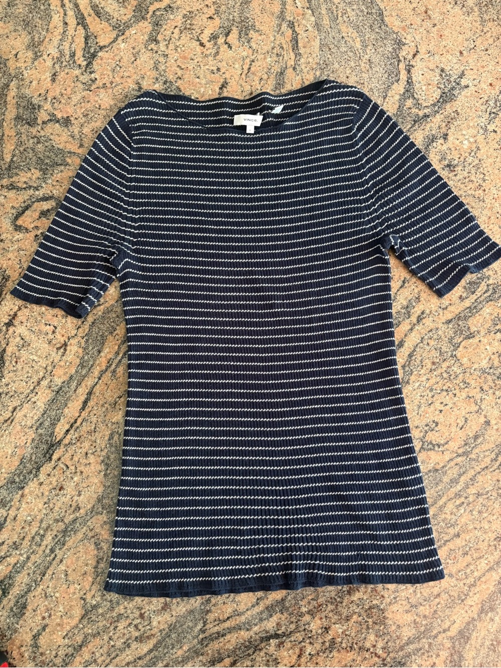 Vince Ribbed Knit Striped Cotton Elbow Sleeve T-Shirt Blue White Size L